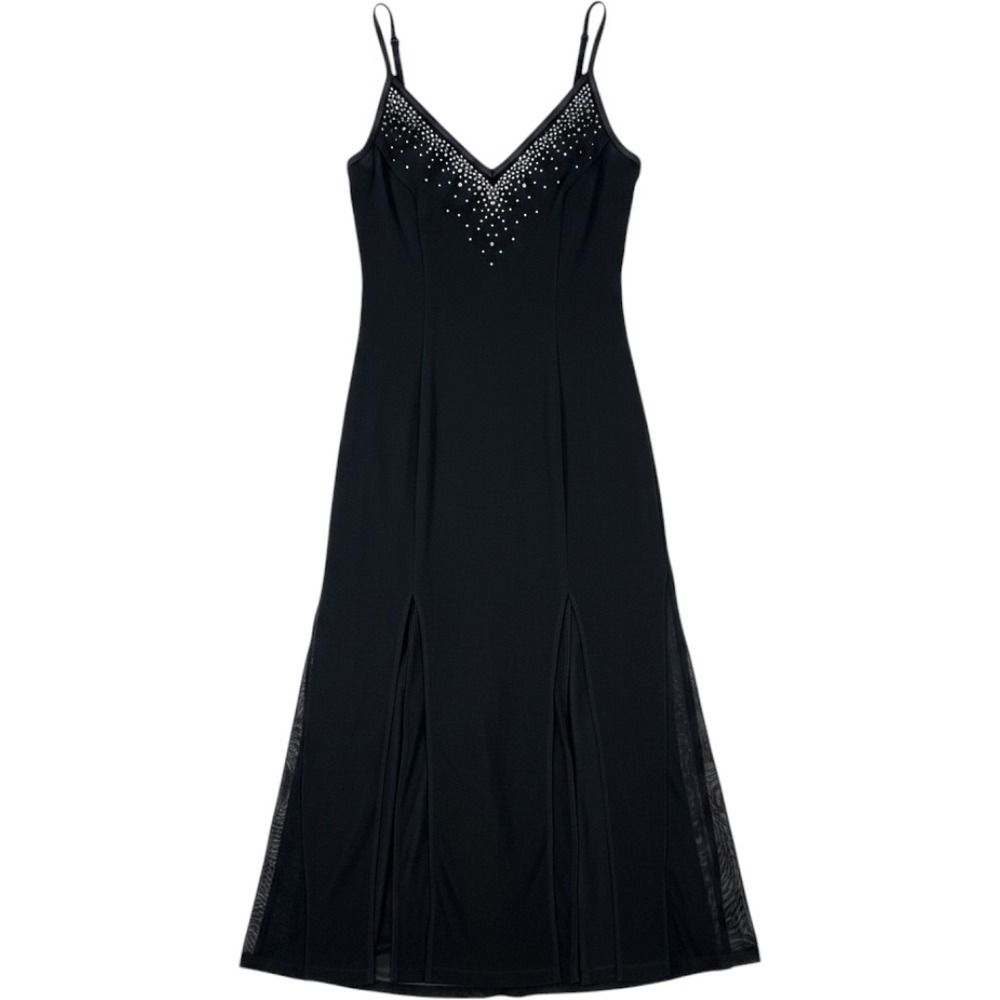 VIntage Cache Black V-Neck Maxi Dress Sheer Mesh Godet Formal Evening Gown